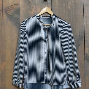 Zara Basic Navy Blue Stripe Tie neck bllouse